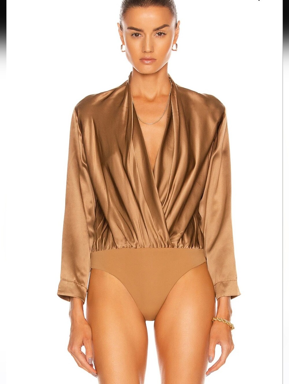 The Sei Long Sleeve Draped Silk Bodysuit Chesnut Color Size 10